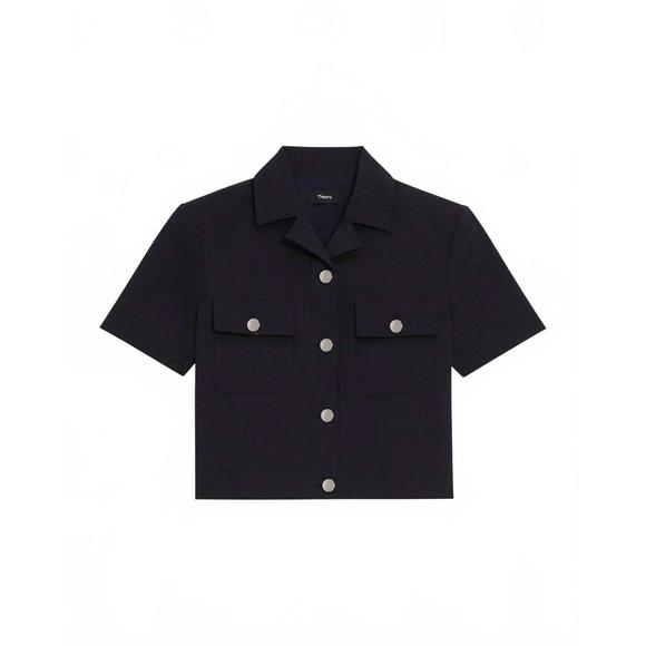 NEW THEORY seersucker cropped short sleeve jacket in navy - Picture 4 of 4
